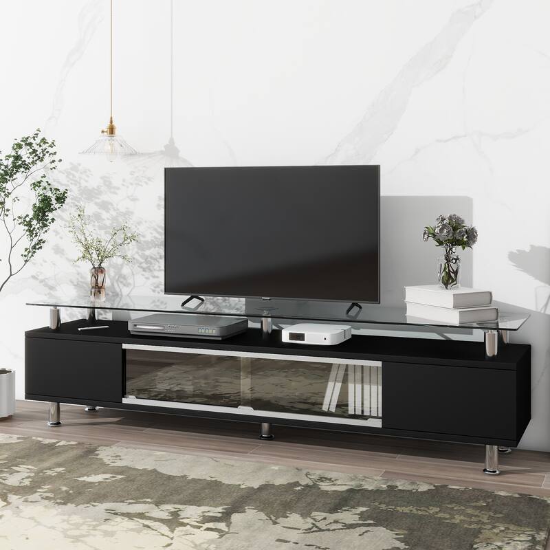 Contemporary Glass TV Stand with Sliding Door Tempered Glass
